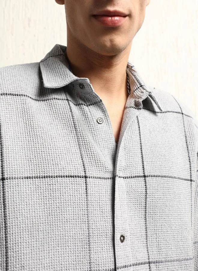 Hubberholme Men's Grey Cotton Blend Checkered Button Down Oversized Shirt
