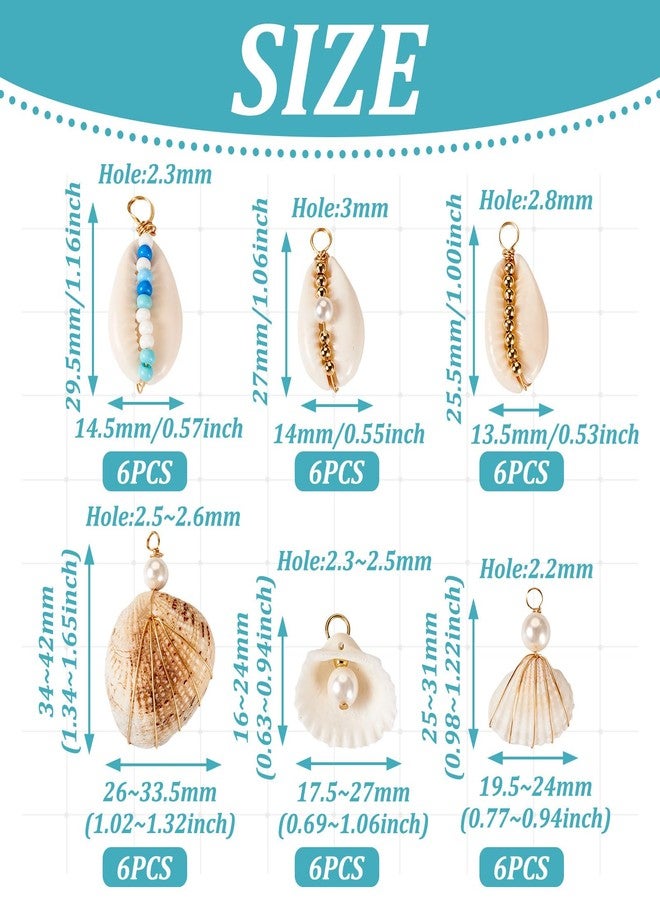 BB Beadthoven Beadthoven 36pcs Golden Natural Shell Pendants Ocean Beach Seashell Charms with Pearl Beads Wire Wrapped Clam Cowrie Shell Dangle Beads with Loop for Jewelry Making DIY Necklace Earrings Supplies - Image 5