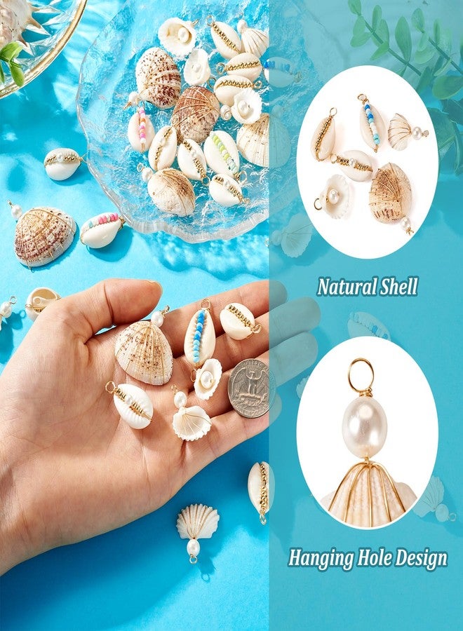 BB Beadthoven Beadthoven 36pcs Golden Natural Shell Pendants Ocean Beach Seashell Charms with Pearl Beads Wire Wrapped Clam Cowrie Shell Dangle Beads with Loop for Jewelry Making DIY Necklace Earrings Supplies - Image 4