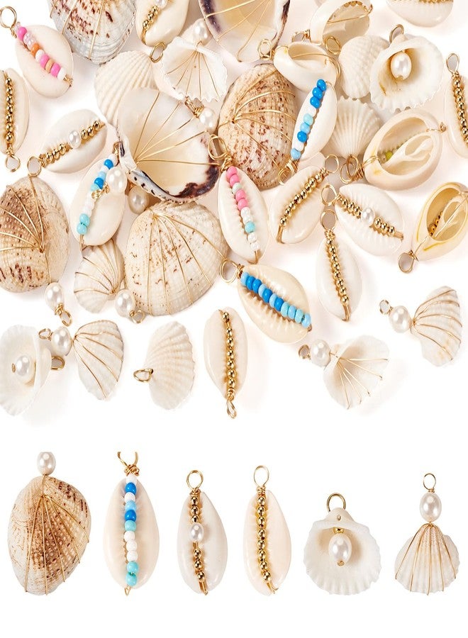 BB Beadthoven Beadthoven 36pcs Golden Natural Shell Pendants Ocean Beach Seashell Charms with Pearl Beads Wire Wrapped Clam Cowrie Shell Dangle Beads with Loop for Jewelry Making DIY Necklace Earrings Supplies - Image 1