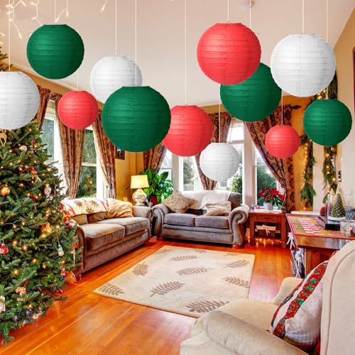 Tenare 12 Pcs Traditional Round Paper Wedding Lantern 4 Size 4 6 8 10 Inch Decorative Ball Hanging Chinese Japanese Paper Lantern for Birthday PartyRed White Green - Image 3