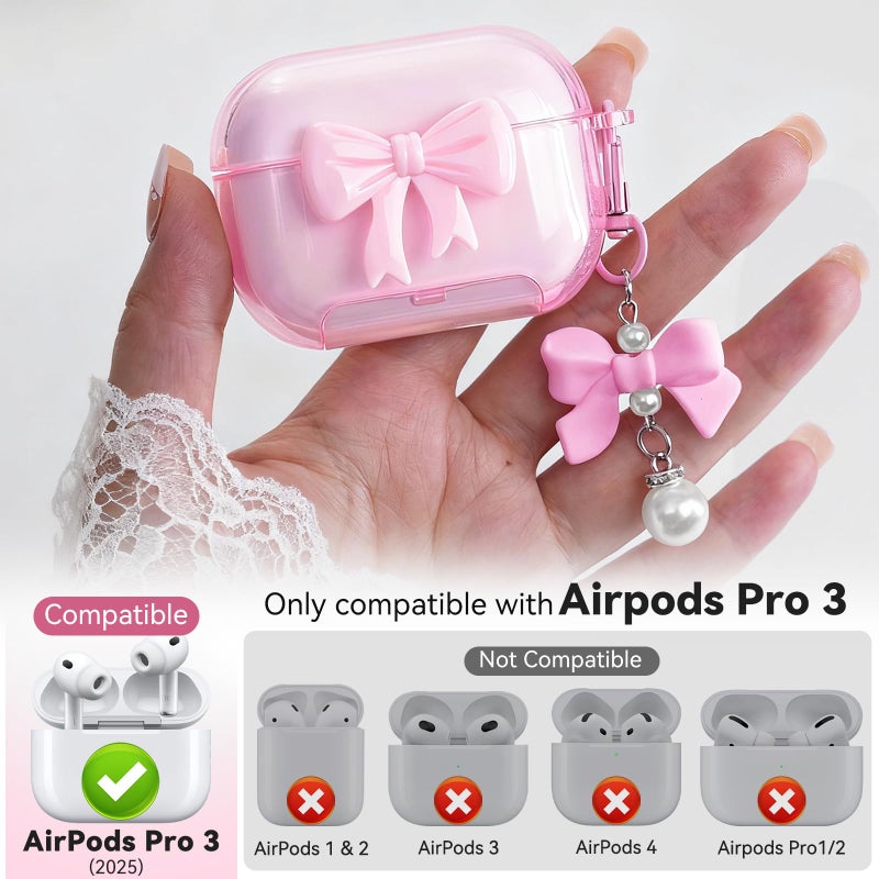 Joremx for Airpods Pro 3 Case Pink 2025 with Safety Lock & Phone Stand, 3D Bow Clear iPod Pro 3 Cases with Cute Keychain & Cleaning Kit, Soft TPU Cover for AirPods Pro 3rd Generation Case Girls Women - Image 5