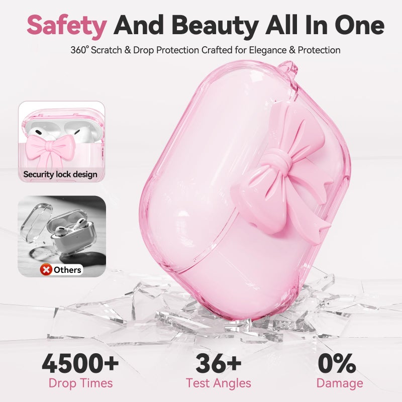 Joremx for Airpods Pro 3 Case Pink 2025 with Safety Lock & Phone Stand, 3D Bow Clear iPod Pro 3 Cases with Cute Keychain & Cleaning Kit, Soft TPU Cover for AirPods Pro 3rd Generation Case Girls Women - Image 3