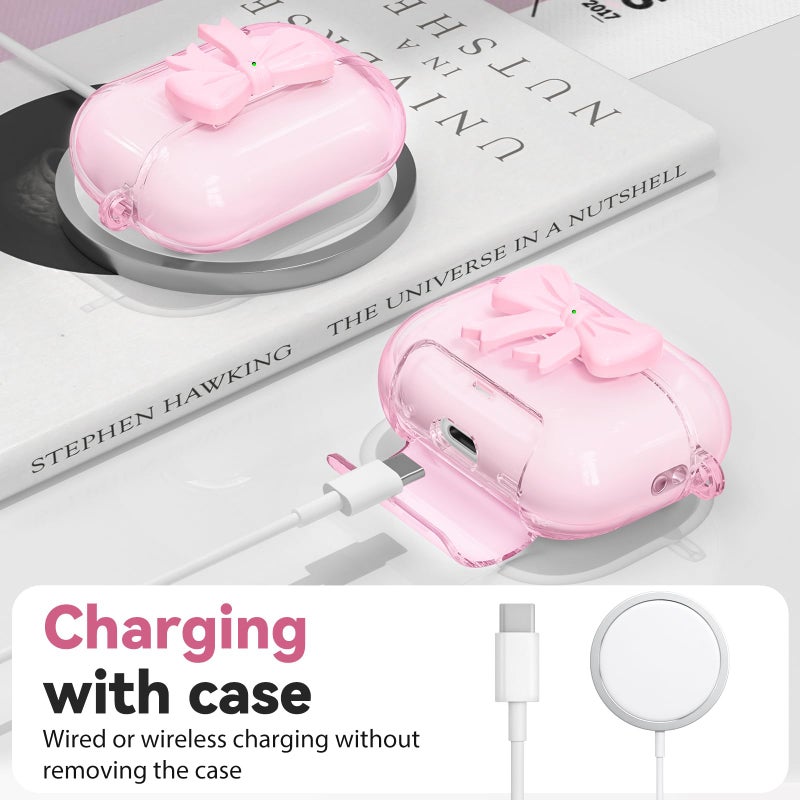 Joremx for Airpods Pro 3 Case Pink 2025 with Safety Lock & Phone Stand, 3D Bow Clear iPod Pro 3 Cases with Cute Keychain & Cleaning Kit, Soft TPU Cover for AirPods Pro 3rd Generation Case Girls Women - Image 2