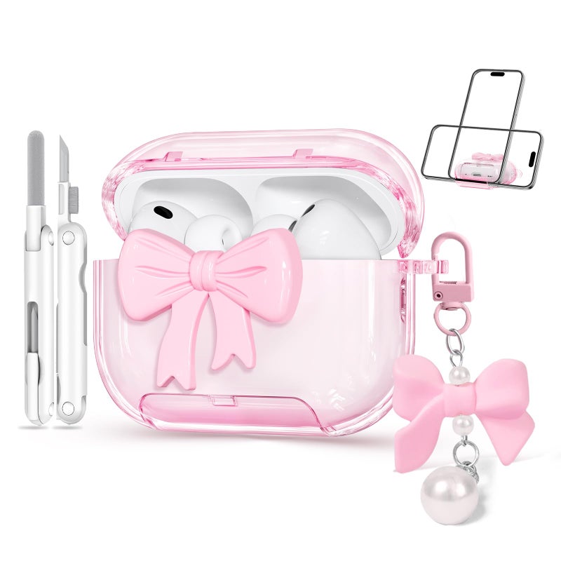 Joremx for Airpods Pro 3 Case Pink 2025 with Safety Lock & Phone Stand, 3D Bow Clear iPod Pro 3 Cases with Cute Keychain & Cleaning Kit, Soft TPU Cover for AirPods Pro 3rd Generation Case Girls Women - Image 1