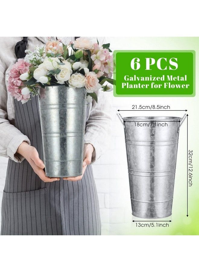 Chumia - 6 Pcs 12In Galvanized Metal Vase With Handle Metal Planter Galvanized Bucket Metal Bucket Decor Flower Bucket Home Farmhouse Vase Table Centerpiece Decoration For Wedding Floral Arrangement (Silver) - Image 1