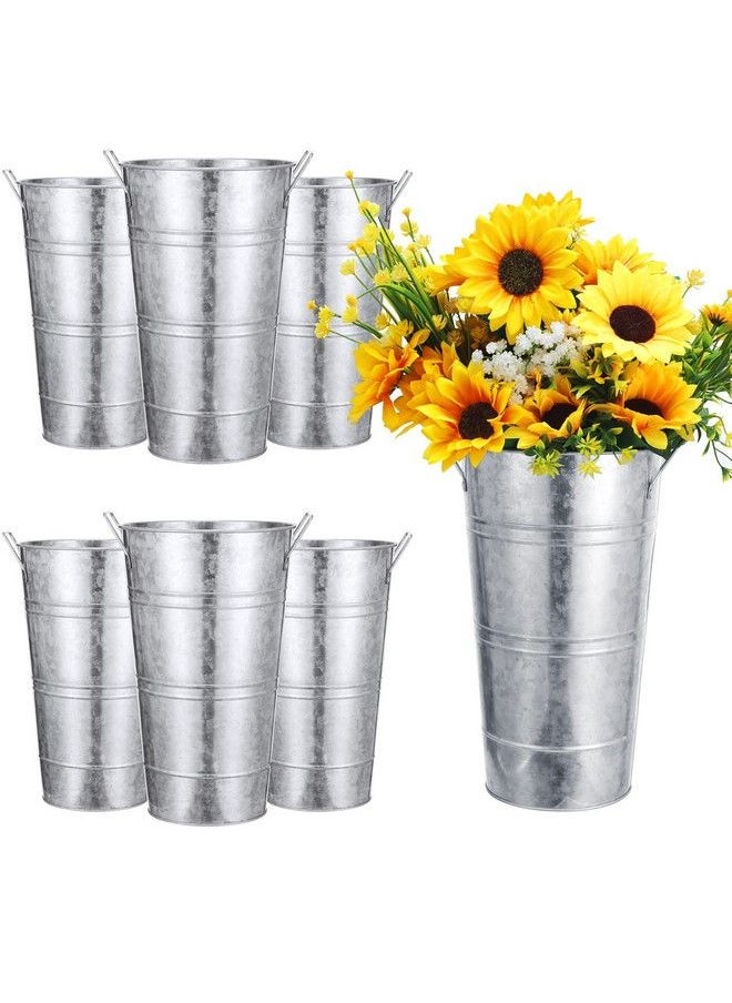 Chumia - 6 Pcs 12In Galvanized Metal Vase With Handle Metal Planter Galvanized Bucket Metal Bucket Decor Flower Bucket Home Farmhouse Vase Table Centerpiece Decoration For Wedding Floral Arrangement (Silver) - Image 1