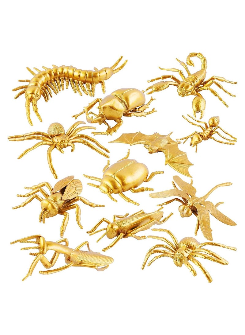 SYOSI Metallic Gold Insects Figurines Playset: The set includes 12 pieces of metallic gold insects figurines toys, including a variety of insects such as spiders, beetles, ants, scorpions, centipedes, bats, - Image 1