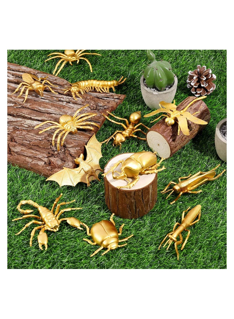 SYOSI Metallic Gold Insects Figurines Playset: The set includes 12 pieces of metallic gold insects figurines toys, including a variety of insects such as spiders, beetles, ants, scorpions, centipedes, bats, - Image 4