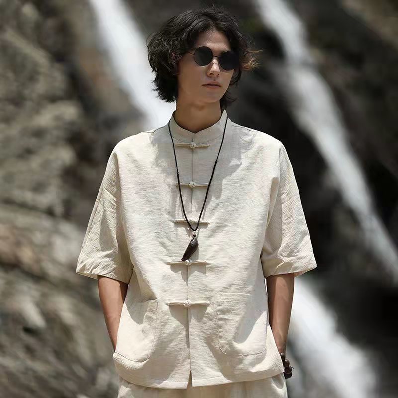 Chinese Style Linen Shirt Mens Retro Jacket Linen color three-point sleeve 