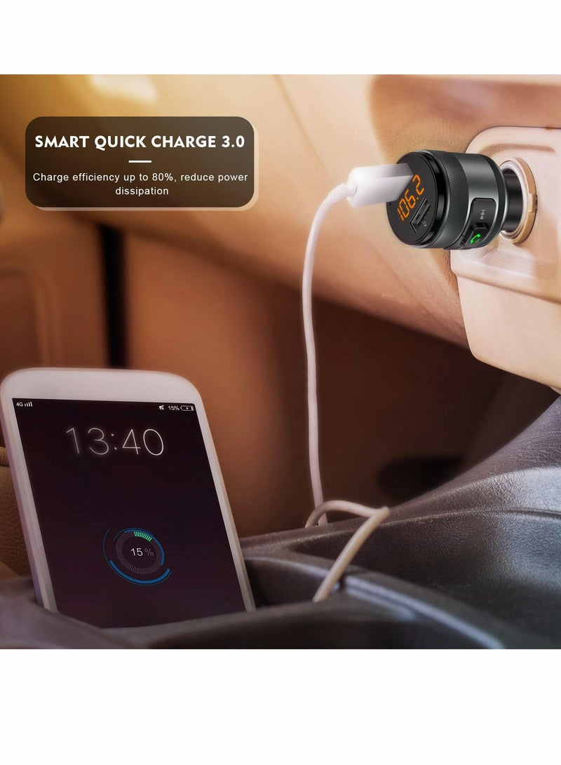 Bluetooth 5.0 FM Transmitter for Car, 3.0 Wireless Bluetooth FM Radio Adapter Music Player FM Transmitter Car Kit with Hands-Free Calling and 2 USB Ports Charger Support USB Drive - Image 2