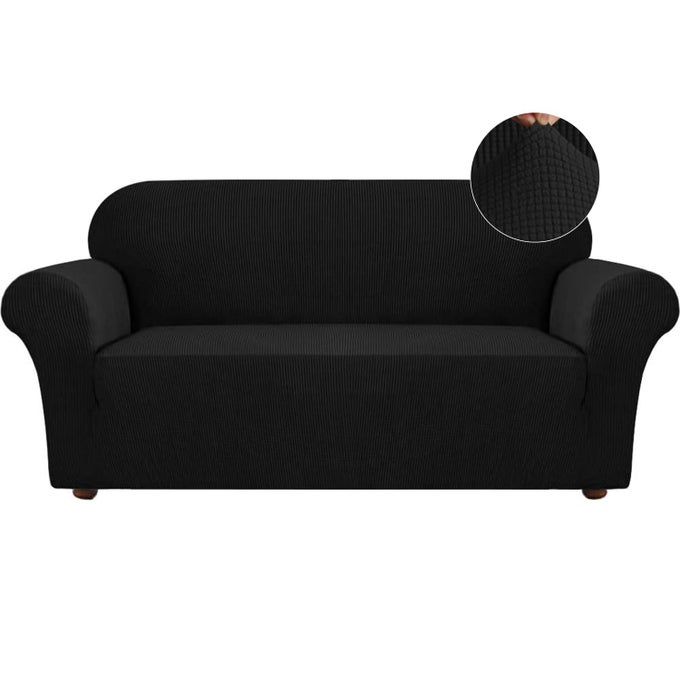 STRETCH SOFA SLIPCOVER COUCH COVER SOFA COVERS FOR 3 CUSHION COUCH 1 PIECE SOFA SLIPCOVER FOR LIVING ROOM WITH JACQUARD FABRIC AND ELASTIC BOTTOM PET FURNITURE PROTECTOR SOFA BLACK