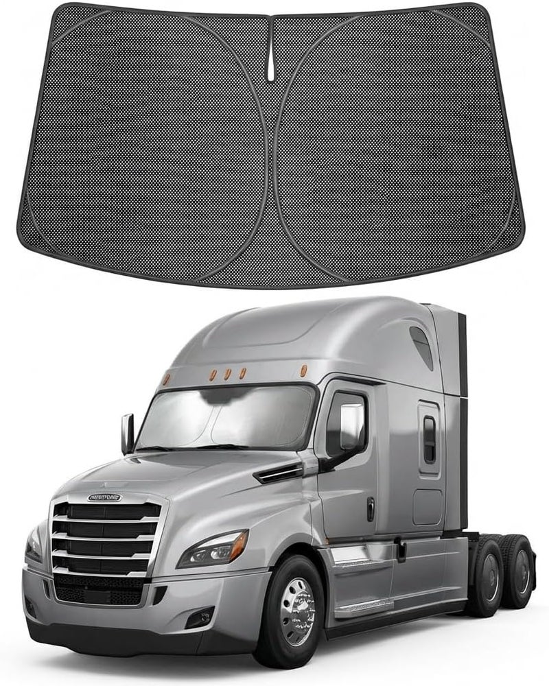 Proadsy ظل شمسي للزجاج الأمامي من مصمم خصيصًا لسيارة Freightliner Cascadia للأعوام 2018-2026، بلون أسود كريستالي، يحجب أشعة الشمس فوق البنفسجية والحرارة، قابل للطي، يحافظ على برودة السيارة أثناء ركنها في الصيف واستخدامها اليومي. - Image 1