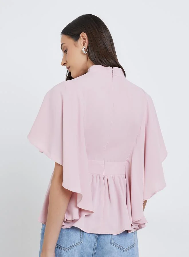 Styli Styli Pleated High Neck Cape Sleeve Blouse
