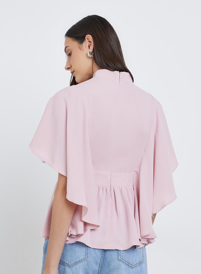 Styli Pleated High Neck Cape Sleeve Blouse - Image 4