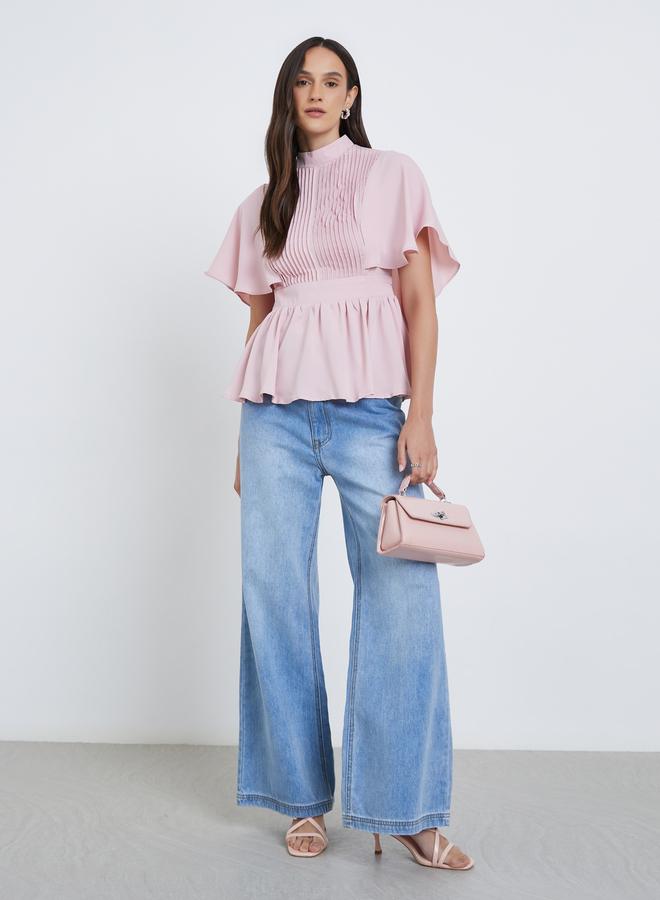 Styli Pleated High Neck Cape Sleeve Blouse - Image 2