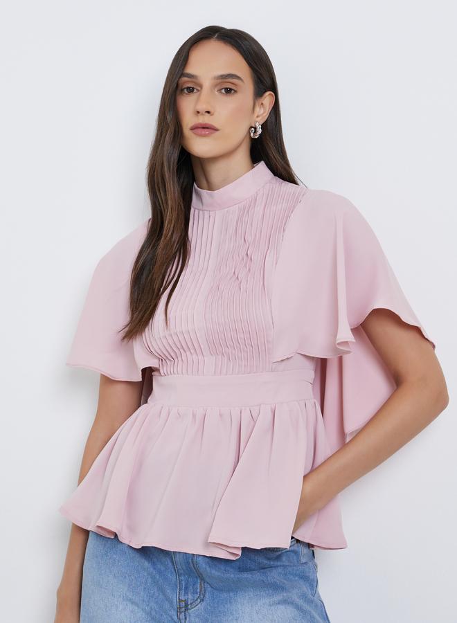 Styli Pleated High Neck Cape Sleeve Blouse - Image 3