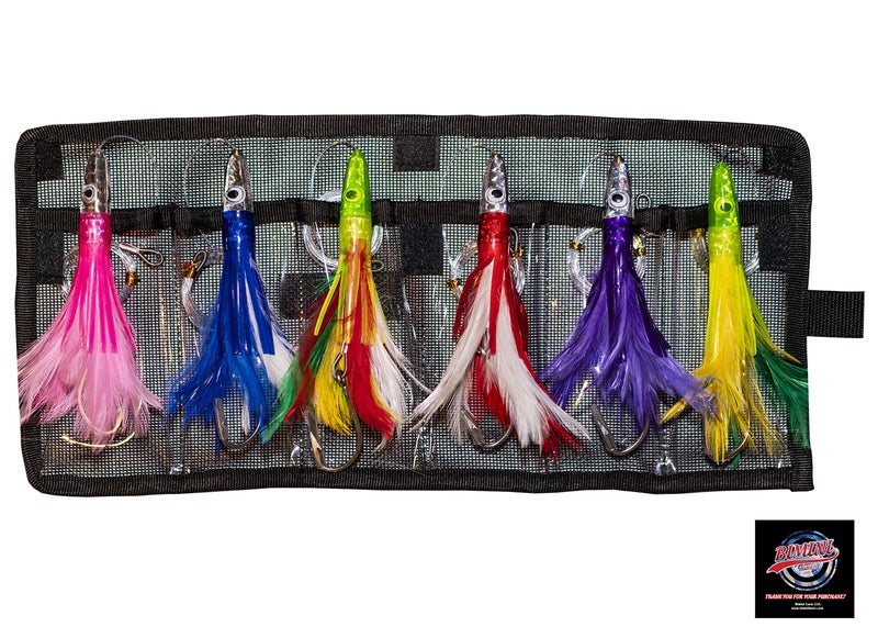 Bimini Lures Set of 6 Tuna Flasher Lures, Rigged with 150 lb Leader and Ready to Go! with Black Mesh Bag - Image 1