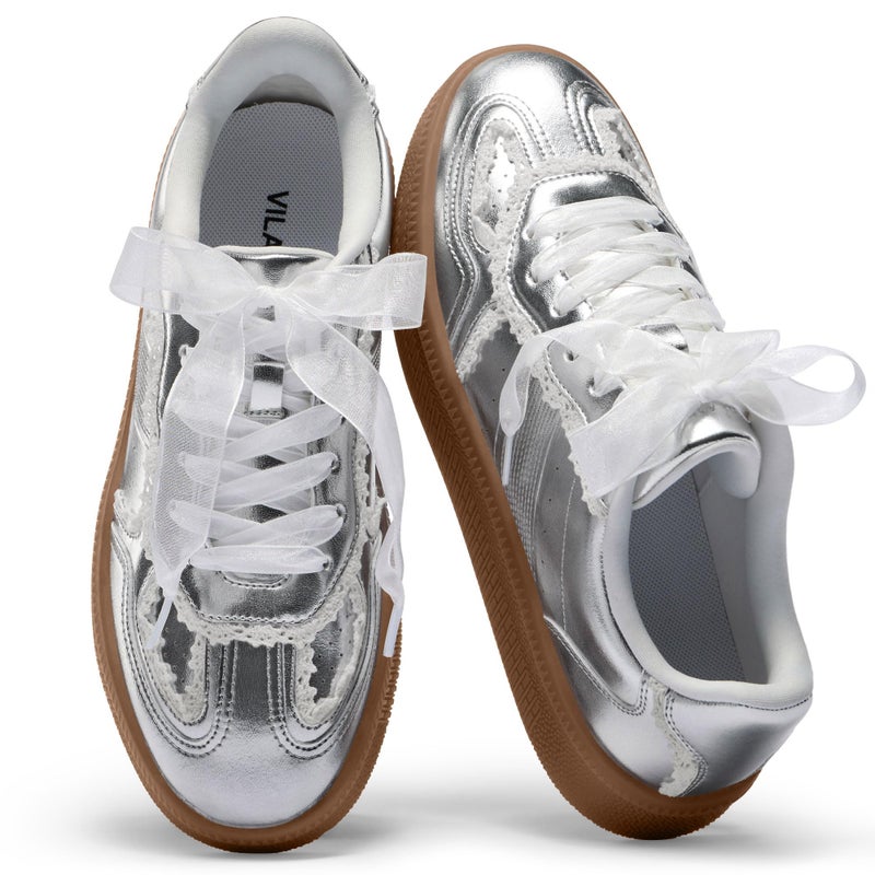 Vilanva Women's Lace Detail Fashion Sneakers Comfortable Casual Dress Sneakers with Retro Gum Sole Walking Trendy Footwear - Image 1