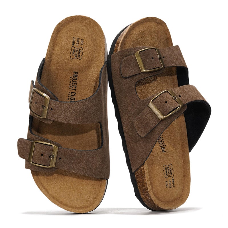 Project Cloud 100% Genuine Leather Kids Sandals - Natural Cork Footbed Non-Slip Slides for Kids - Lightweight Boys & Girls Sandals - Water-Resistant Girls & Boys Sandals (Little Venita, BRWNSUGACT,3) - Image 1