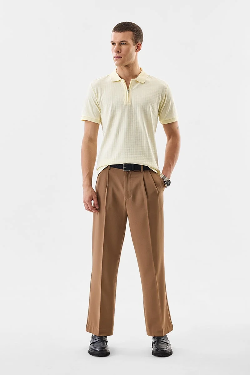 SNITCH Light Yellow Ribbed Half Sleeve Regular Fit T-Shirt