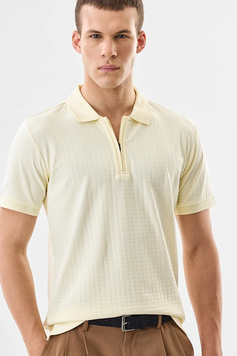 SNITCH Light Yellow Ribbed Half Sleeve Regular Fit T-Shirt