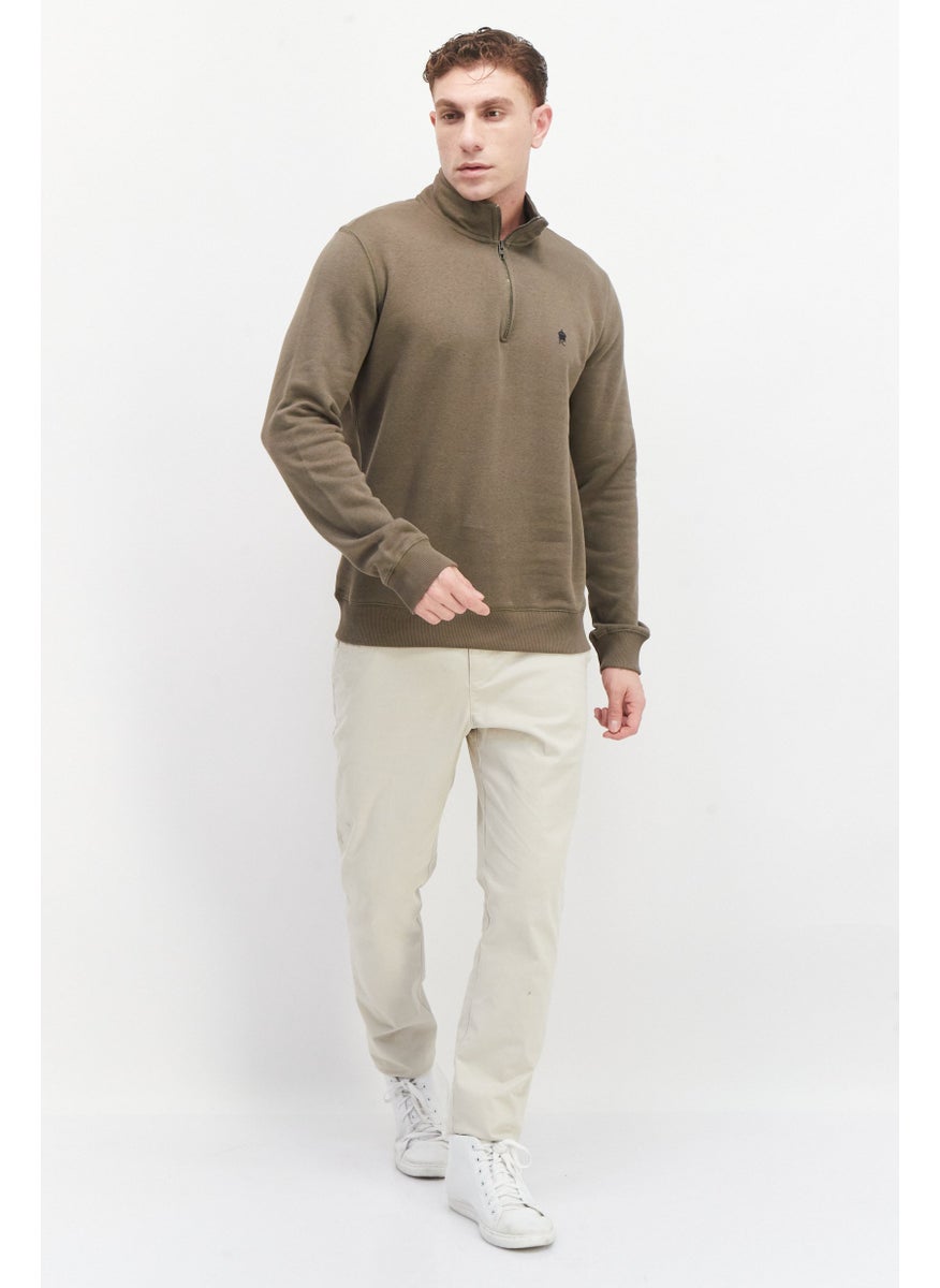 French Connection - Men High Neck Long Sleeves Embroidered Logo Sweatshirt, Khaki - Image 1