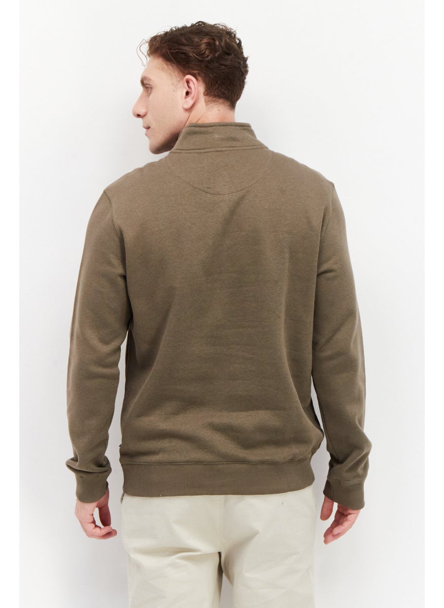 French Connection - Men High Neck Long Sleeves Embroidered Logo Sweatshirt, Khaki - Image 1