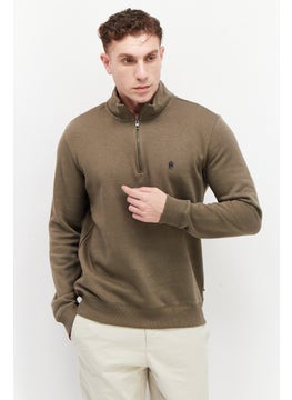 Men High Neck Long Sleeves Embroidered Logo Sweatshirt, Khaki