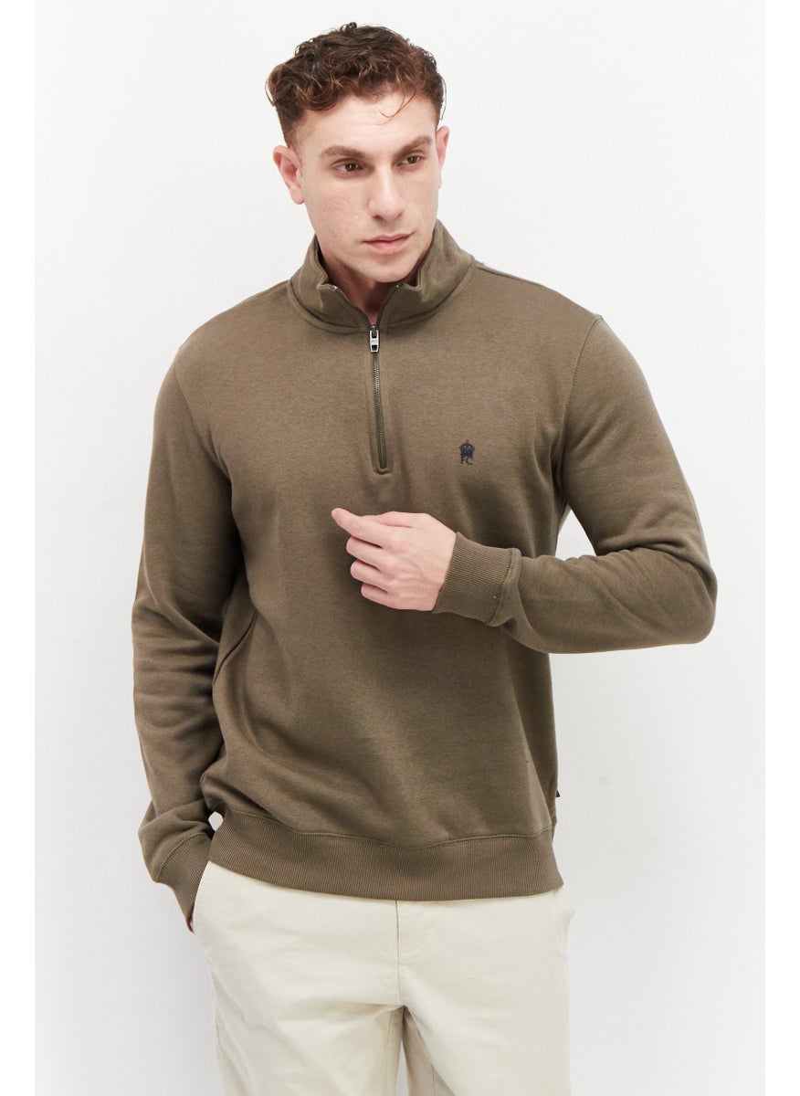 French Connection - Men High Neck Long Sleeves Embroidered Logo Sweatshirt, Khaki - Image 1