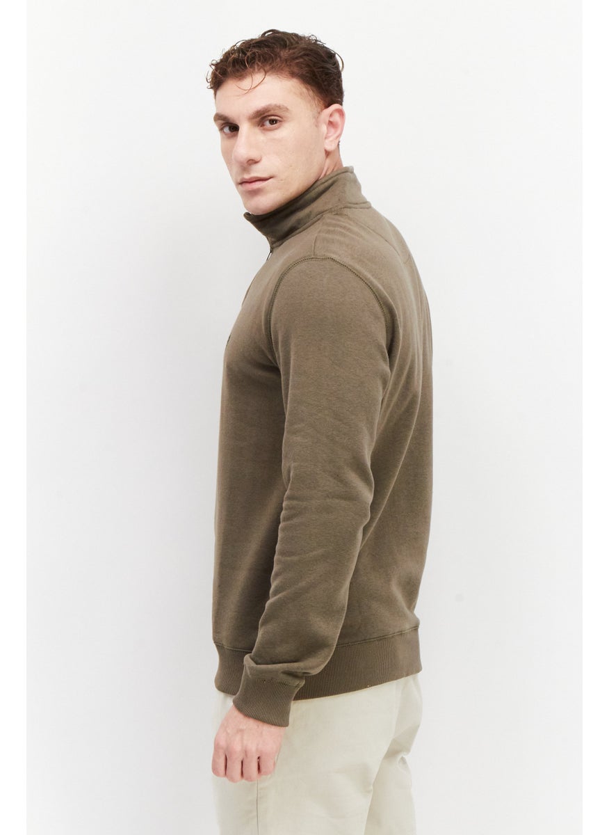 French Connection - Men High Neck Long Sleeves Embroidered Logo Sweatshirt, Khaki - Image 1