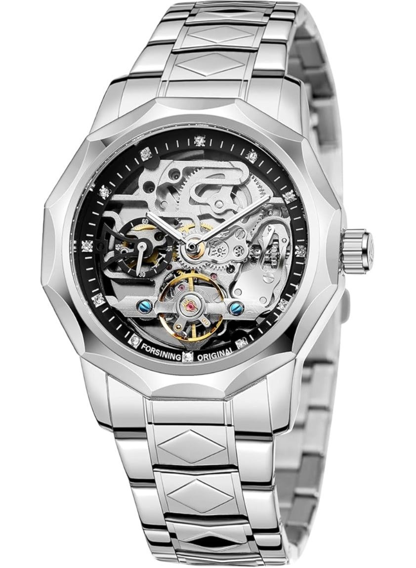 Men's Skeleton Automatic Mechanical Watch with Diamond-Cut 12-Sided Bezel & Exposed Gears & Tourbillon Design, Unique Rhombus-Link Stainless Steel Bracelet Self-Wind Wristwatch