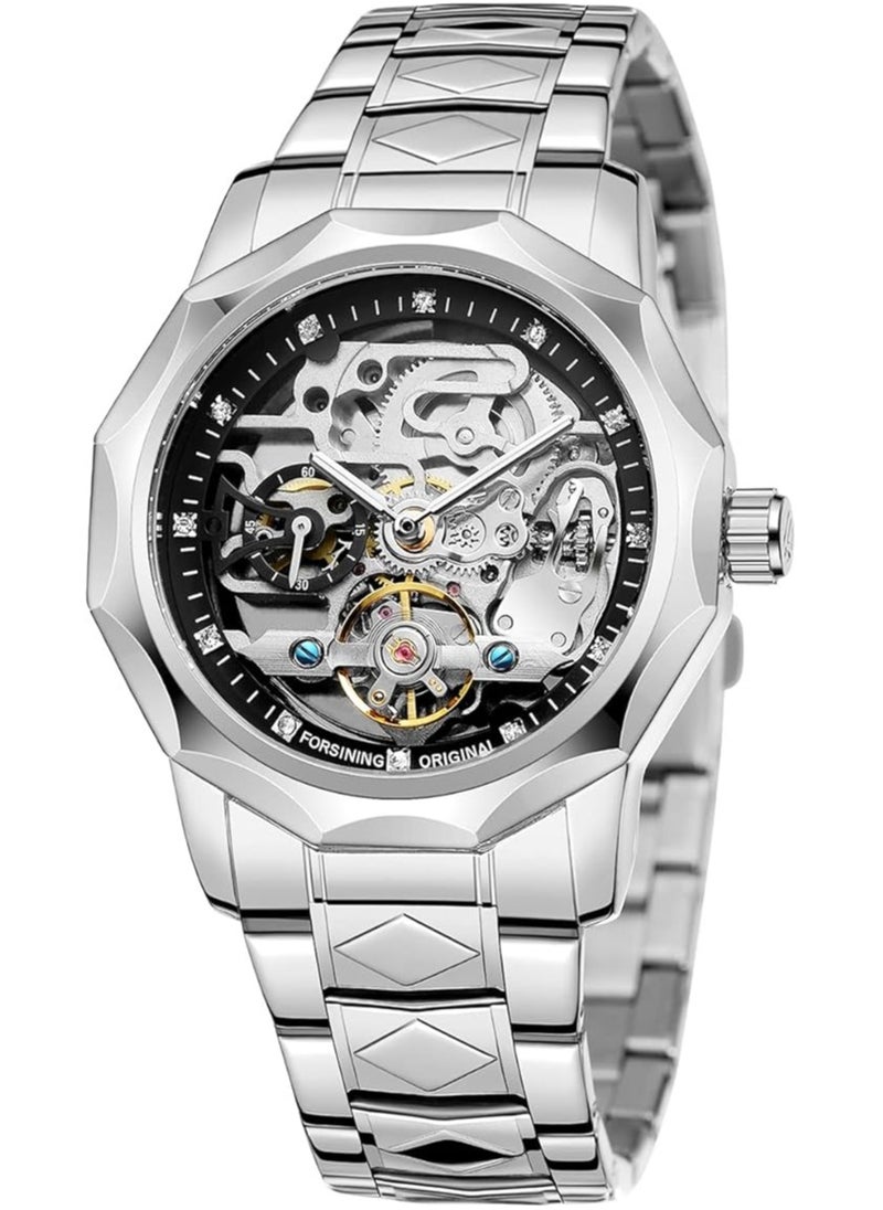 FORSINING Men's Skeleton Automatic Mechanical Watch with Diamond-Cut 12-Sided Bezel & Exposed Gears & Tourbillon Design, Unique Rhombus-Link Stainless Steel Bracelet Self-Wind Wristwatch  - Image 1