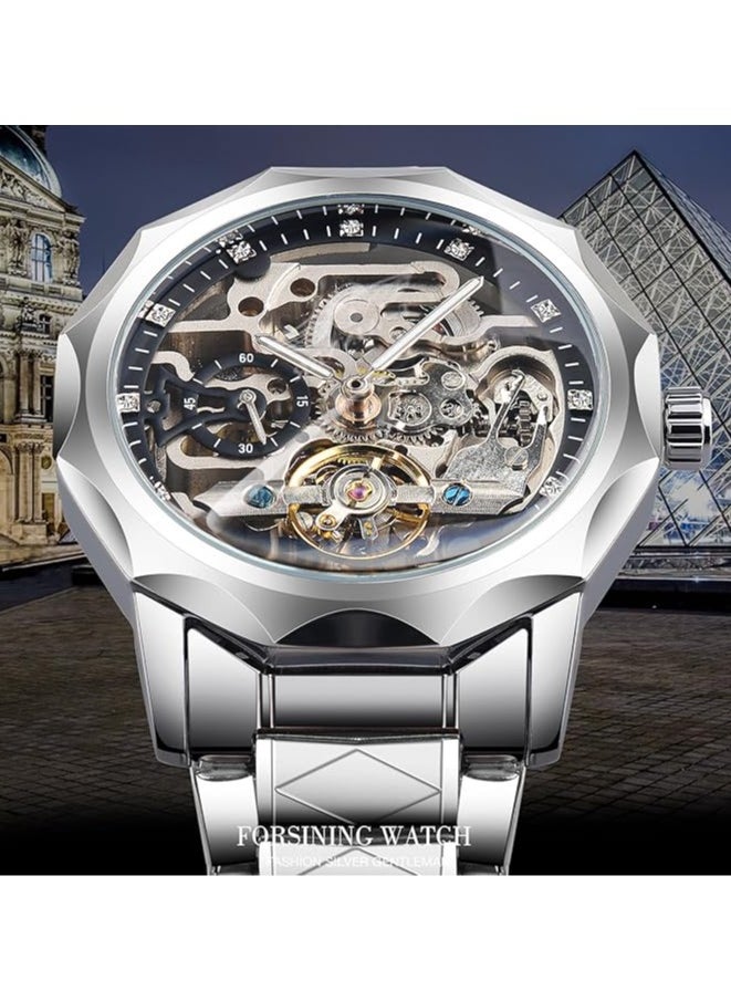 FORSINING Men's Skeleton Automatic Mechanical Watch with Diamond-Cut 12-Sided Bezel & Exposed Gears & Tourbillon Design, Unique Rhombus-Link Stainless Steel Bracelet Self-Wind Wristwatch  - Image 2