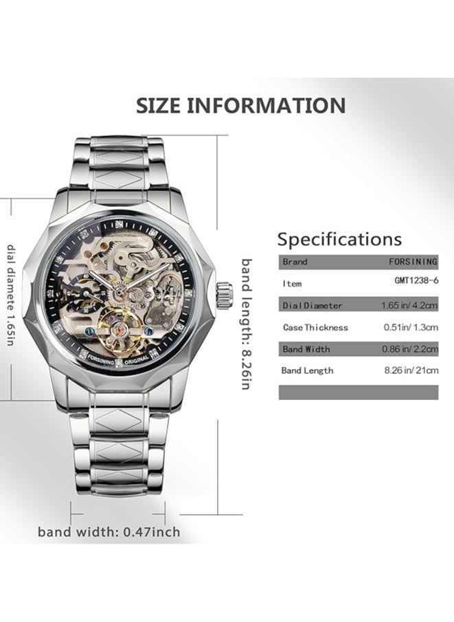 FORSINING Men's Skeleton Automatic Mechanical Watch with Diamond-Cut 12-Sided Bezel & Exposed Gears & Tourbillon Design, Unique Rhombus-Link Stainless Steel Bracelet Self-Wind Wristwatch  - Image 5