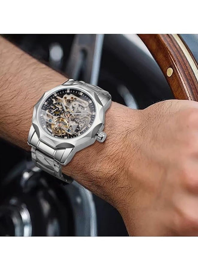 FORSINING Men's Skeleton Automatic Mechanical Watch with Diamond-Cut 12-Sided Bezel & Exposed Gears & Tourbillon Design, Unique Rhombus-Link Stainless Steel Bracelet Self-Wind Wristwatch  - Image 3