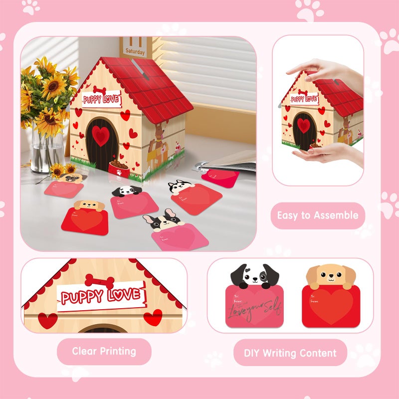 KALEFO Puppy Love Valentines Mailbox Kit Dog House Card Box with 30 Pcs Greeting Cards for Exchange Students Party Favor - Image 4