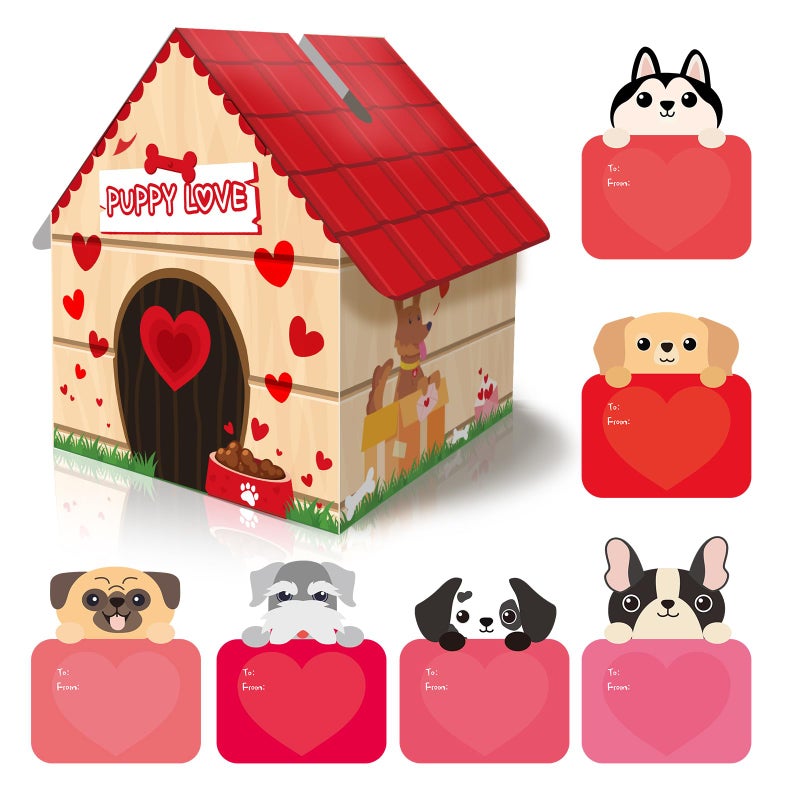 KALEFO Puppy Love Valentines Mailbox Kit Dog House Card Box with 30 Pcs Greeting Cards for Exchange Students Party Favor - Image 1