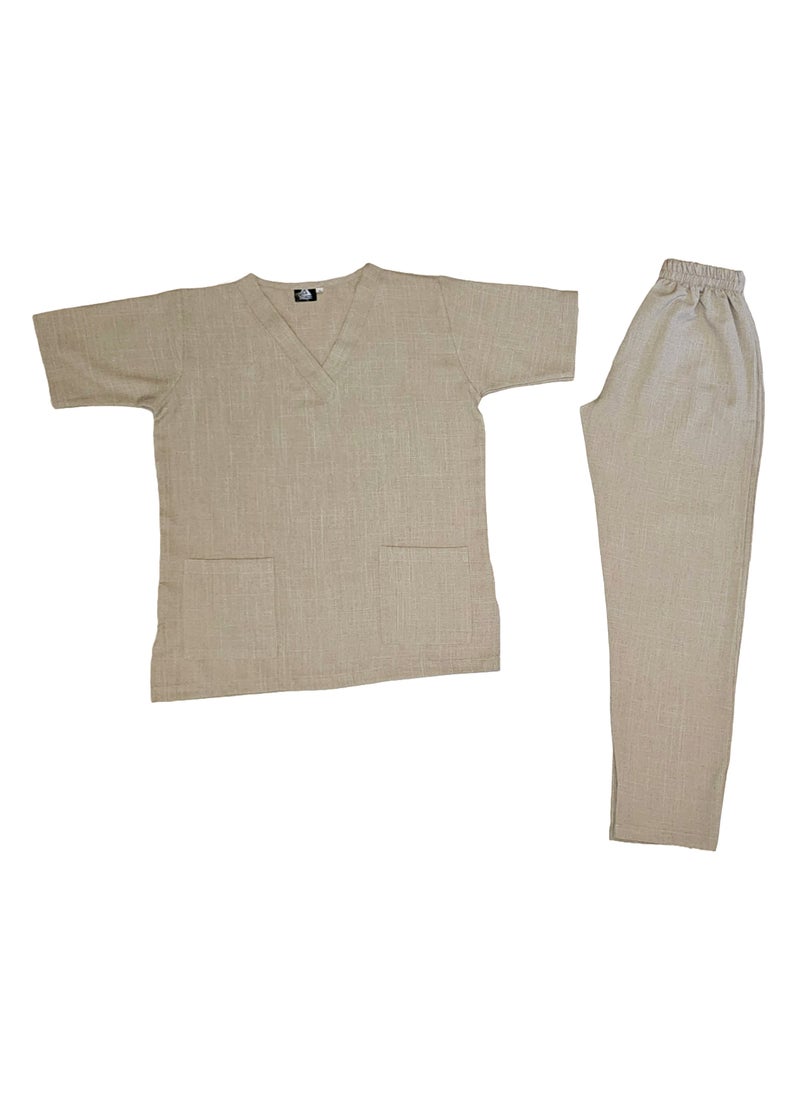Rannah's Uniform - Melange Scrub Suit Uniform Unisex Beige V-Neck Nurse Suit Set - Image 1