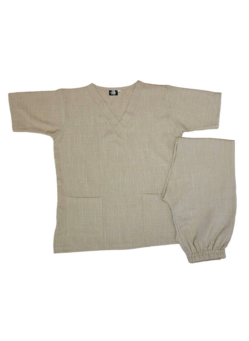 Rannah's Uniform - Melange Scrub Suit Uniform Unisex Beige V-Neck Nurse Suit Set - Image 1