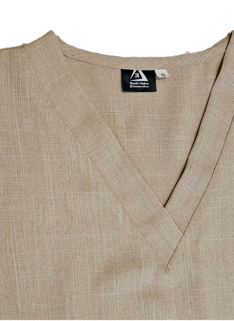 Rannah's Uniform - Melange Scrub Suit Uniform Unisex Beige V-Neck Nurse Suit Set - Image 1
