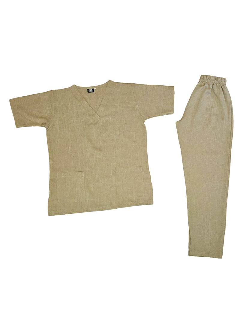 Rannah's Uniform - Melange Scrub Suit Uniform Unisex Beige V-Neck Nurse Suit Set - Image 1