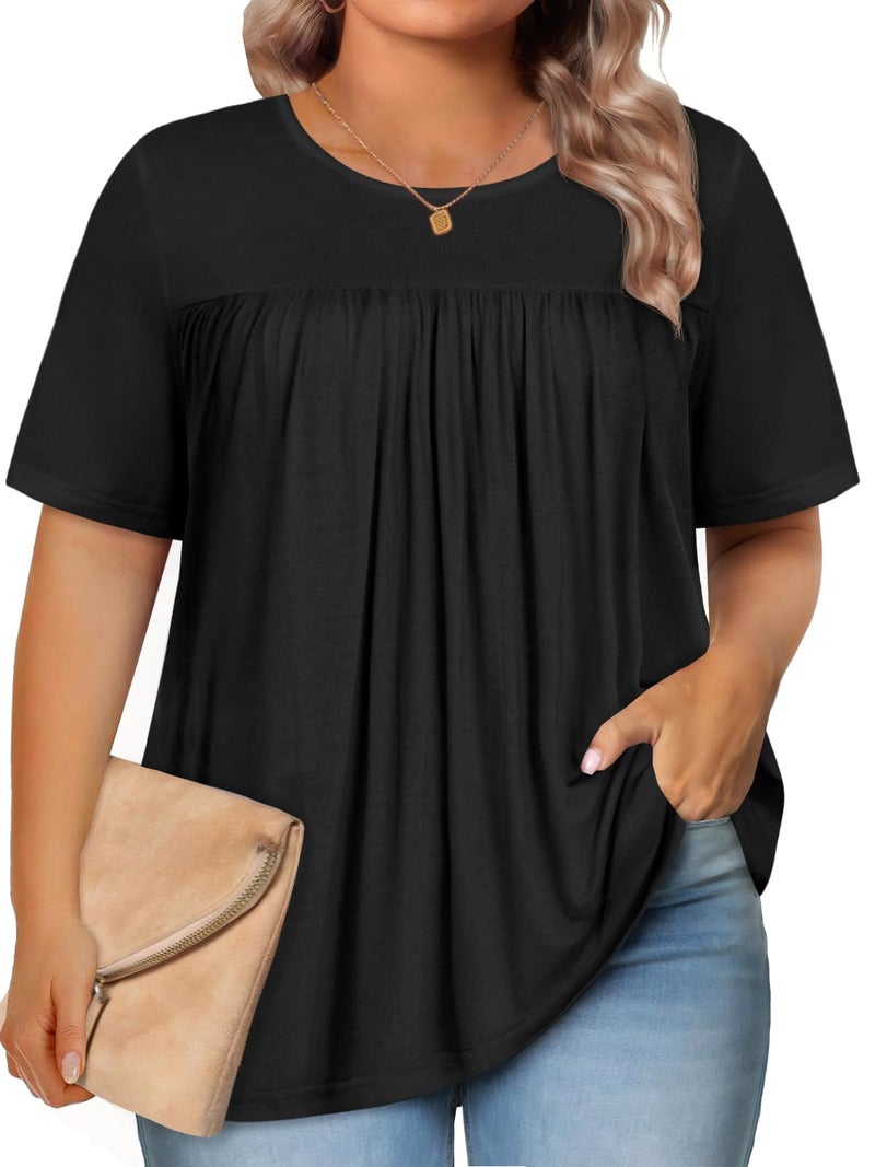 JOELLYUS Womens Plus Size Tops Short Sleeve Summer Tunic Casual Loose Fit Crewneck Shirts Blouse (Black, 3XL) - Image 1