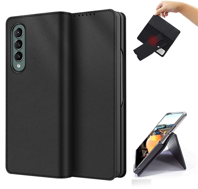 Tech Trendz TechTrendz TPU Shockproof Kickstand Magnetic Leather Flip Cover with Pen Holder Compatible for Samsung Galaxy Z Fold 3 Wallet Case with Card Slot - Black - Image 1