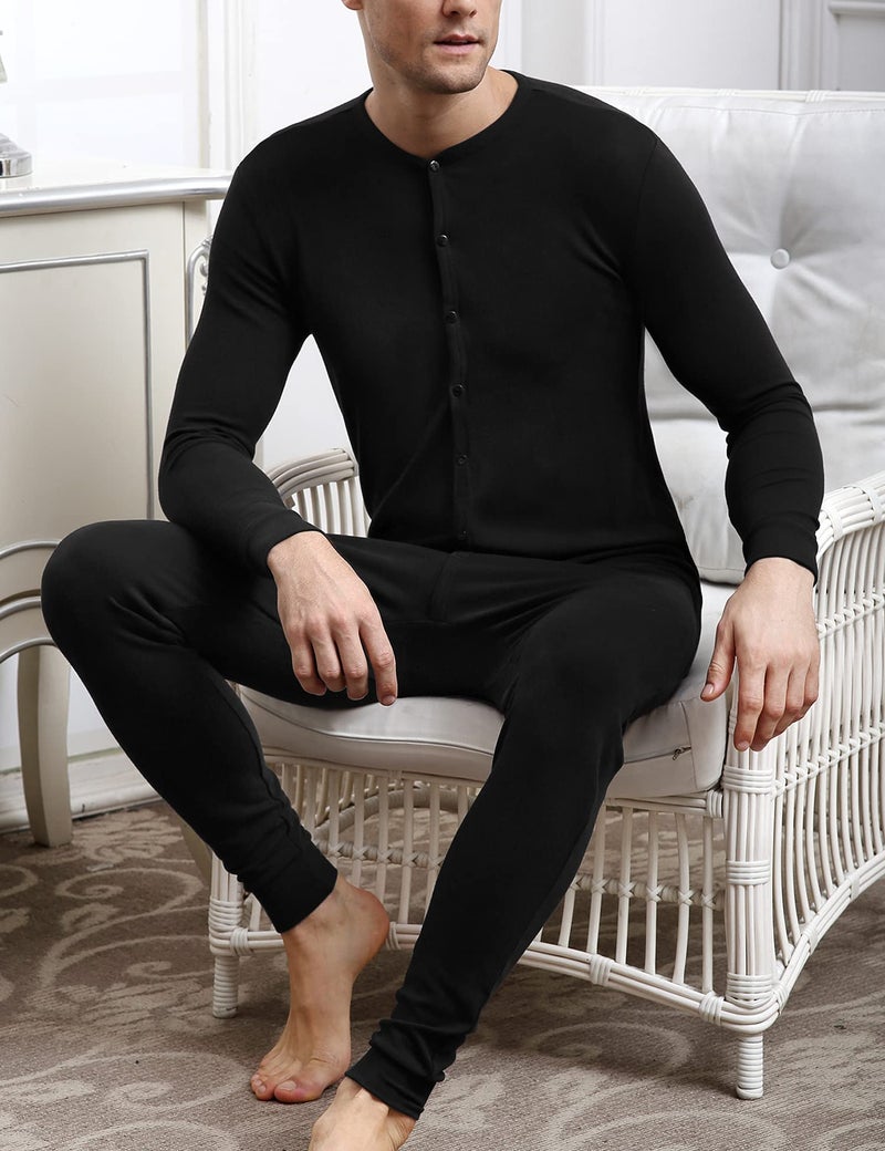 COLORFULLEAF Men's Cotton Thermal Underwear Union Suits Henley Onesies Base Layer (Black, M) - Image 4