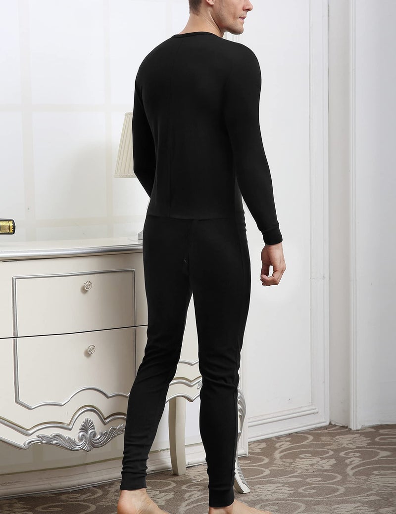 COLORFULLEAF Men's Cotton Thermal Underwear Union Suits Henley Onesies Base Layer (Black, M) - Image 2
