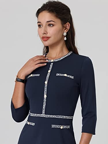 Hobemty Women's Church A-Line Work 3/4 Sleeve Tweed Midi Dresses Large Navy Blue - Image 5