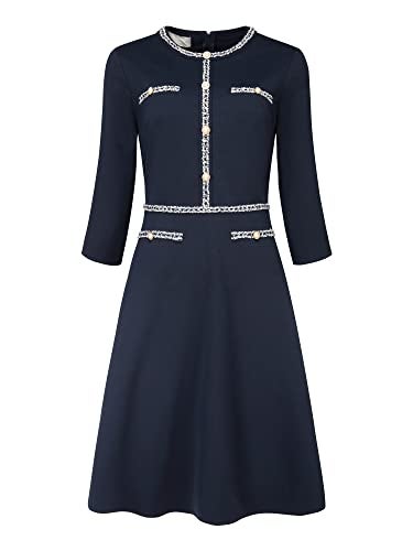 Hobemty Women's Church A-Line Work 3/4 Sleeve Tweed Midi Dresses Large Navy Blue - Image 1