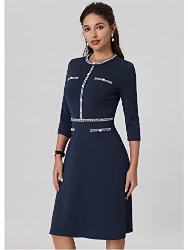 Hobemty Women's Church A-Line Work 3/4 Sleeve Tweed Midi Dresses Large Navy Blue - Image 2