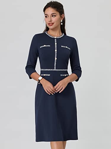 Hobemty Women's Church A-Line Work 3/4 Sleeve Tweed Midi Dresses Large Navy Blue - Image 4